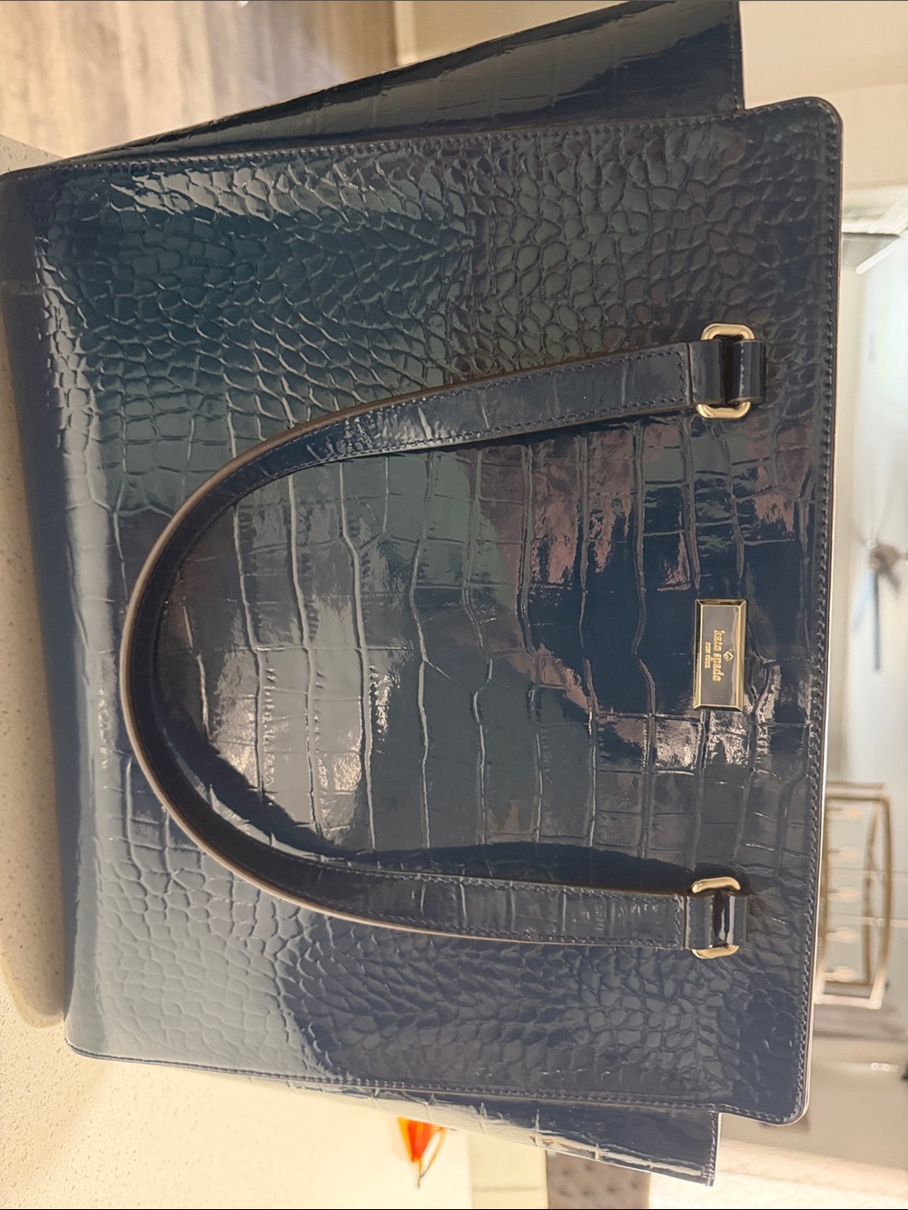 kate spade NWT Navy Croc-Embossed Patent Leather Tote